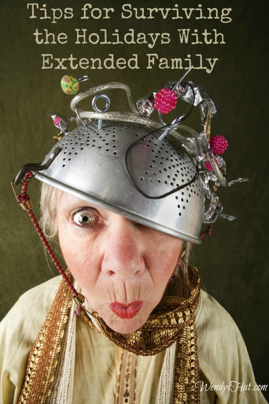 Crazy woman wearing a metal colander for a helmet